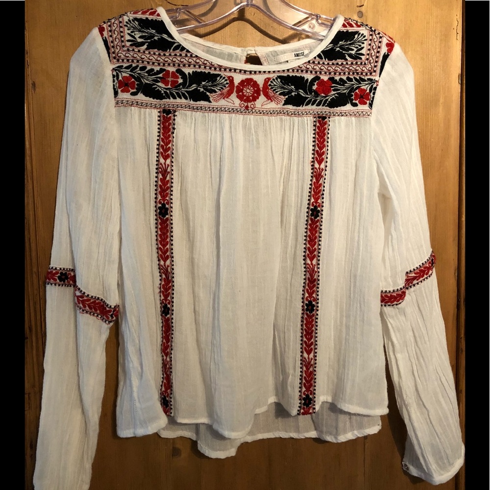 Amuse Society L/S smocked embroidered peasant top